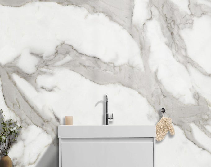 White Marble Wallpaper for Bathroom Vanity Wall – Realistic Stone Texture Mural – Luxury Peel and Stick Modern Spa Wall Art Gift