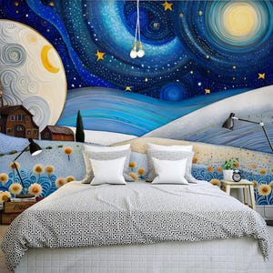 Papel pintado infantil personalizado estilo Van Gogh: Mural autoadhesivo para habitación infantil, diseño de cielo estrellado y luna.