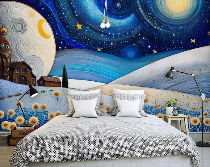Custom Van Gogh Style Kids Wallpaper – Peel and Stick Nursery Mural, Starry Sky & Moon Design, Self-Adhesive Wall Art for Children's Room