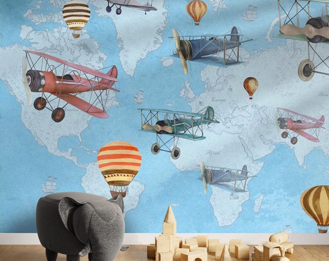 Vintage Airplane & Hot Air Balloon World Map Wallpaper – Adventure Kids Room Mural, Travel Theme Nursery, Removable Wall Décor Panel