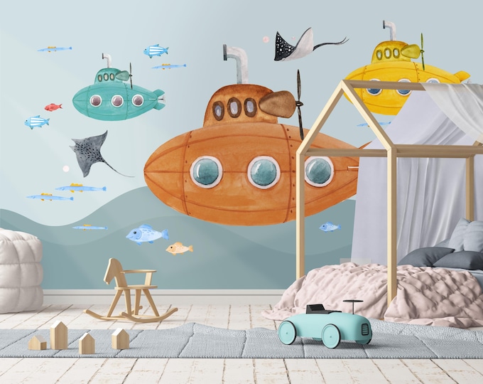Colorful Submarine Wall Mural – Underwater Adventure Wallpaper for Kids Room, Ocean Theme Nursery Decor, Playful Sea Life Art
