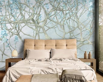 Tree of Life Wallpaper Mural, Gorgeous Blue Flowers on Beautiful Branches, Stunning Nature, Peel And Stick Inspired Wall Art Home Decor