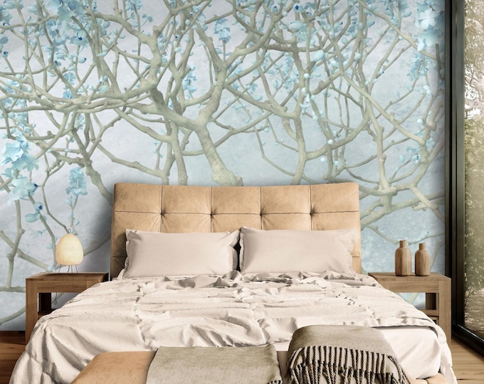 Tree of Life Wallpaper Mural, Gorgeous Blue Flowers on Beautiful Branches, Stunning Nature, Peel And Stick Inspired Wall Art Home Decor