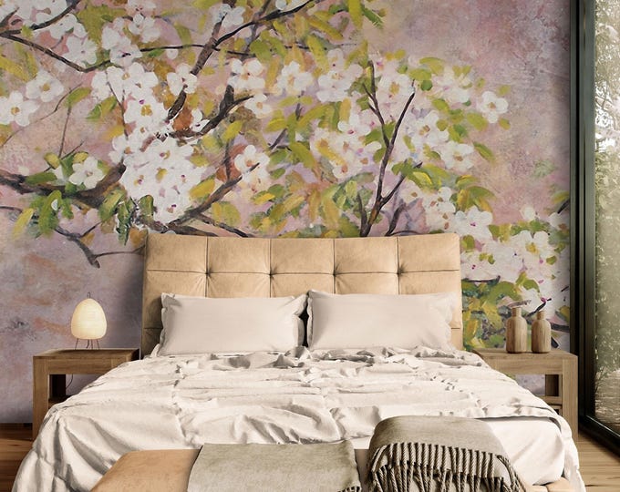 Blossom Branch Wall Mural – Peel and Stick Soft Pastel Floral Wallpaper with Watercolor Effect, Elegant Spring Nature Art for Living Room