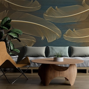 Gold Feather Wallpaper for Living Room – Modern Luxury Wall Mural with Blue Brown Texture – Elegant Peel and Stick Wall Art Décor