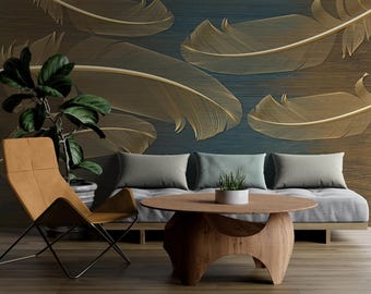 Gold Feather Wallpaper for Living Room – Modern Luxury Wall Mural with Blue Brown Texture – Elegant Peel and Stick Wall Art Décor