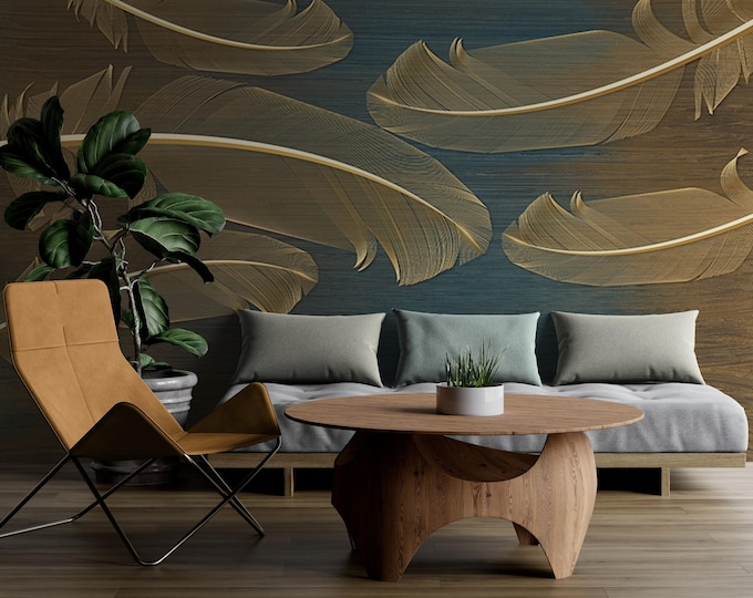 Gold Feather Wallpaper for Living Room – Modern Luxury Wall Mural with Blue Brown Texture – Elegant Peel and Stick Wall Art Décor