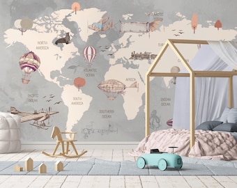 Vintage World Map Kids Wallpaper – Airplane and Balloon Mural, Neutral Travel-Themed Nursery Decor, Soft Adventure Wall Art for Boys Room