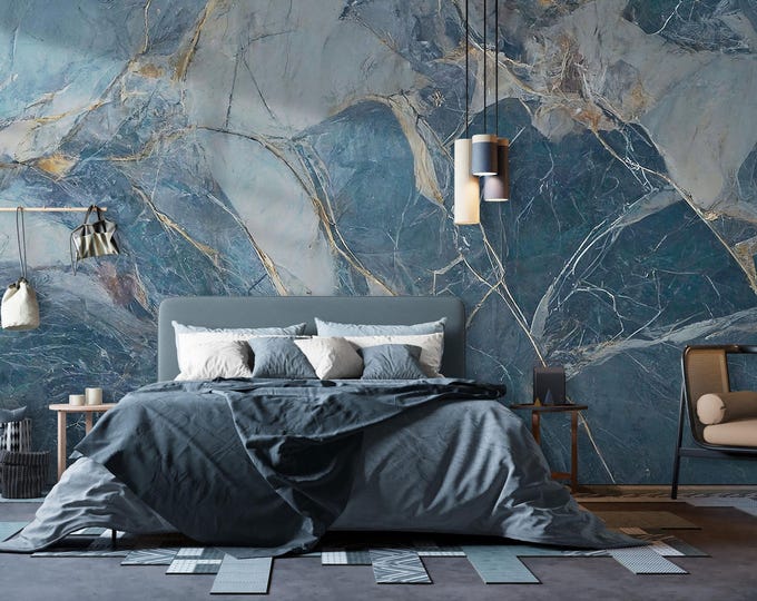 Blue Marble Wall Mural with Gold and White Veins – Luxury Stone Texture Wallpaper for Modern Living Room or Sophisticated Interior Accent