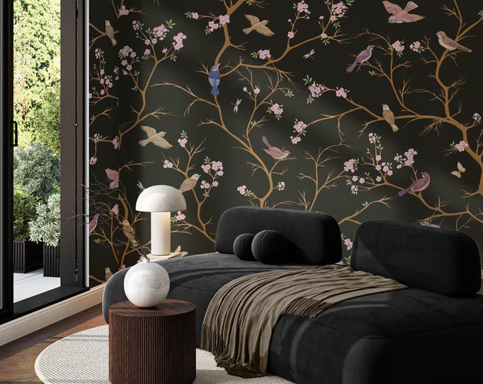 Elegant Dark Chinoiserie Wallpaper with Birds Blossoms, Moody Asian Inspired Botanical Mural for Accent Wall, Removable Peel & Stick