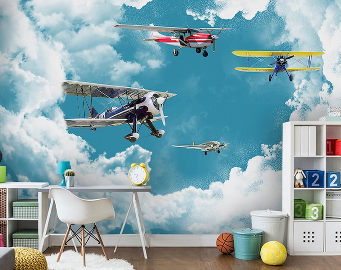 Kids Room Wall Mural, White Clouds And Blue Sky Boys Room Wallpaper, Plane Theme Wall Decal, Baby Room Gift, Unique Nursery Wall Decor