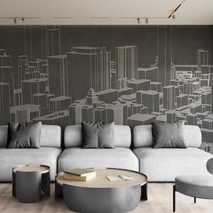 Contemporary City Skyline Wallpaper, Modern Wall Mural for Livingroom, Cafe or Entryway, Removable Peel and Stick