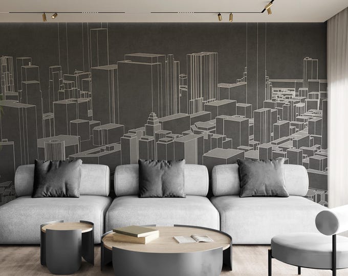Contemporary City Skyline Wallpaper, Modern Wall Mural for Livingroom, Cafe or Entryway, Removable Peel and Stick