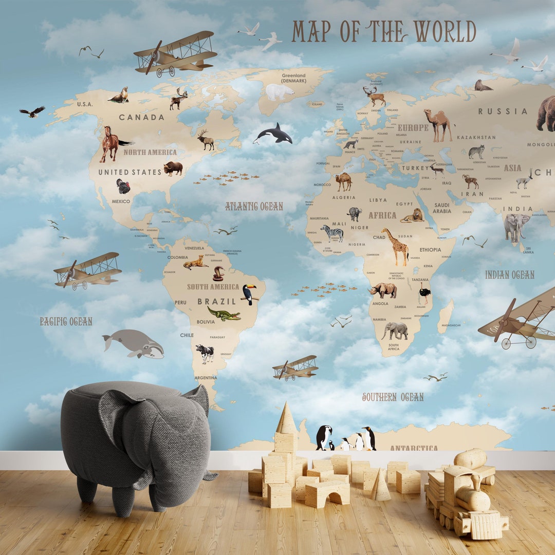 World Map Children Wallpaper Blue Self Adhesive Peel and Stick or ...