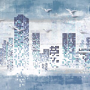 Mural de pared moderno con mosaico urbano: horizonte azul con pájaros, papel tapiz autoadhesivo urbano, vinilo removible para sala de estar u oficina. imagen 7