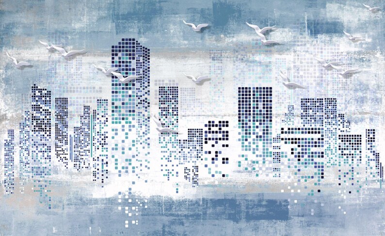 Mural de pared moderno con mosaico urbano: horizonte azul con pájaros, papel tapiz autoadhesivo urbano, vinilo removible para sala de estar u oficina. imagen 7
