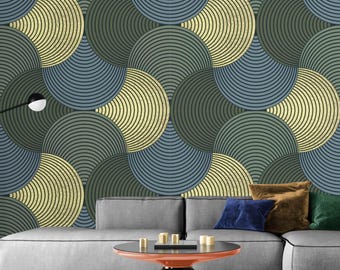 Retro Geometric Wallpaper – Green, Blue, and Mustard Yellow Mid-Century Modern Wall Mural – Peel and Stick Circle Pattern Wall Decor