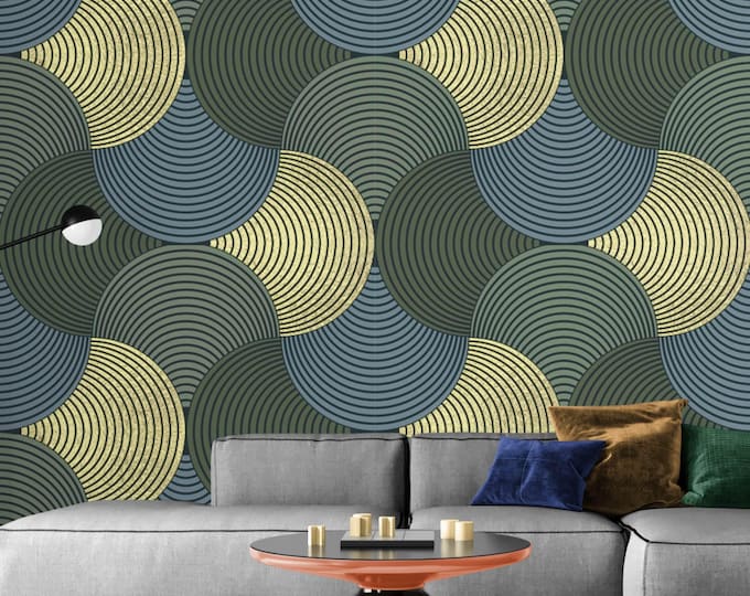 Retro Geometric Wallpaper – Green, Blue, and Mustard Yellow Mid-Century Modern Wall Mural – Peel and Stick Circle Pattern Wall Decor