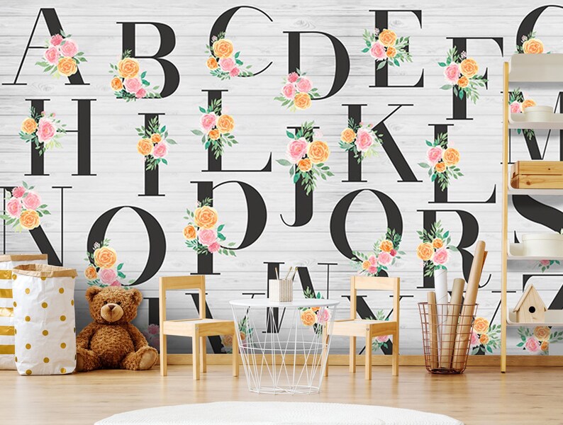 ABC Educational Children's Room Wallpaper With Floral Design – Colorful ...