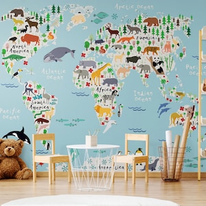 Child Room World Map Wallpaper Wall Mural, Animals and Trees Kids Room Wall Art, Colorful Nursery Peel and Stick or Traditional Wallpaper