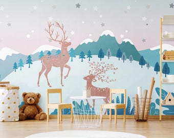 Forest Cartoon Style Child Room Wallpaper Wall Mural, Deers and Trees Wall Mural, Colorful Nursery Peel and Stick or Traditional Wallpaper