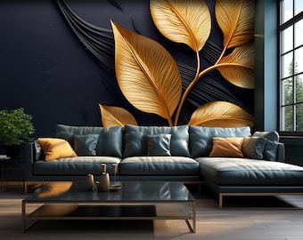 Elegant Gold Leaf & Jade Floral Wallpaper Mural – Dark Botanical Wall Art for Living Room, Bedroom, Entryway and Cafe - Unique Home Decor