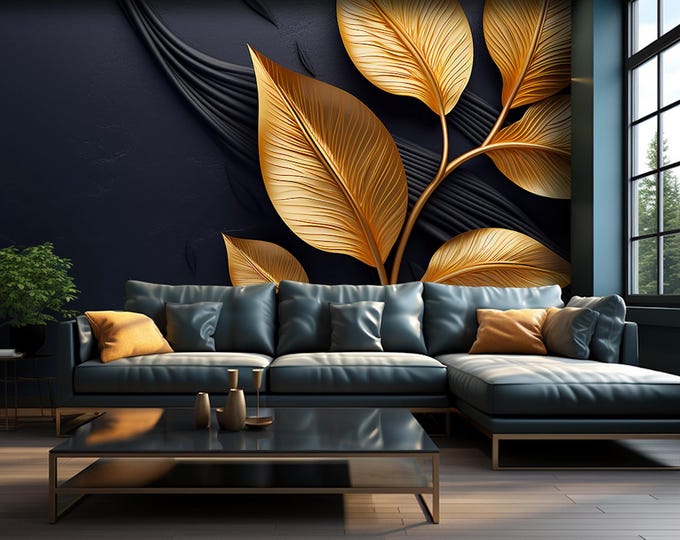Elegant Gold Leaf & Jade Floral Wallpaper Mural – Dark Botanical Wall Art for Living Room, Bedroom, Entryway and Cafe - Unique Home Decor