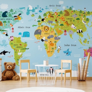 Child Room World Map Wallpaper Wall Mural, Animals Kids Room, Colorful Nursery Peel and Stick or Traditional Wallpaper