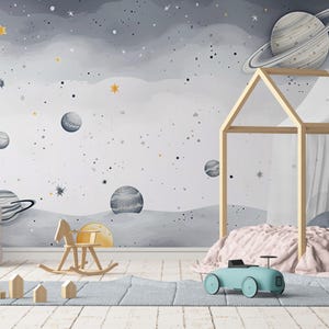 Papel tapiz para habitación infantil con temática espacial, mural de pared de planetas para guardería, papel tapiz colorido de dibujos animados para habitación de niño con figuras de planetas grises, despegar y pegar