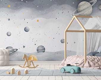Space Theme Child Room Wallpaper, Planets Nursery Wall Mural, Boy Room Cartoon Colorful Wallpaper with Gray Planet Figures, Peel and Stick