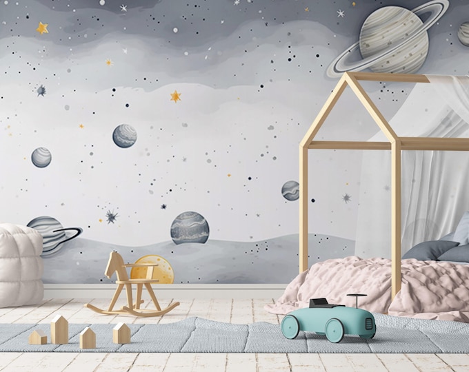 Space Theme Child Room Wallpaper, Planets Nursery Wall Mural, Boy Room Cartoon Colorful Wallpaper with Gray Planet Figures, Peel and Stick