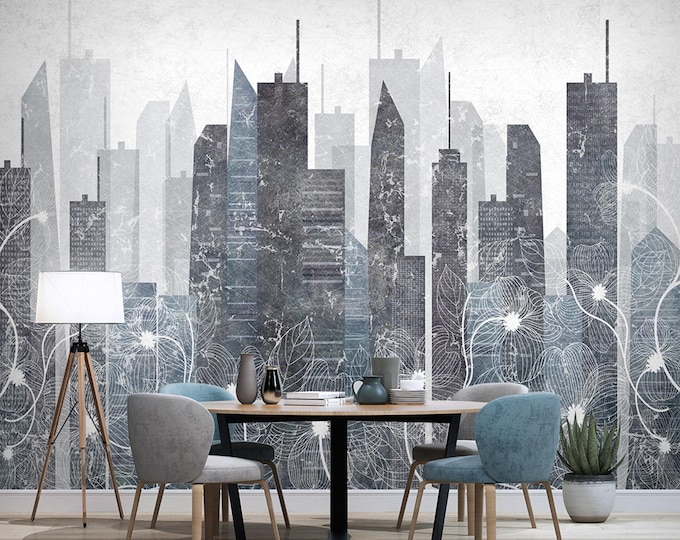 City Buildings Wallpaper, Modern Downtown Wall Mural for Living room, Cafe or Bedroom Removable Peel and Stick