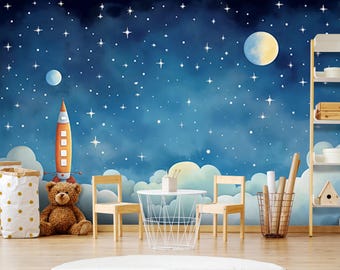 Space Themed Child Room Wallpaper Rocket, Planets, Moon, Clouds & Stars – Colorful Cartoon Design, Blue Nursery Wall Mural for Baby Room
