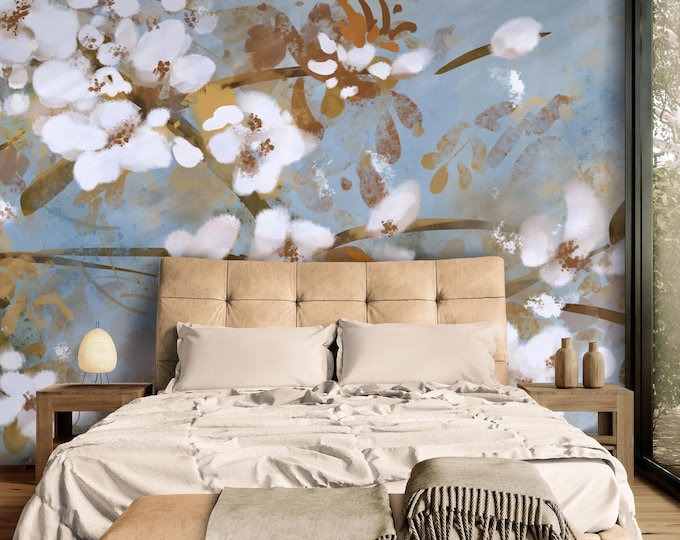 Watercolor Floral Wall Mural, Abstract White Blossom Wallpaper, Japandi Style Peel and Stick Accent Wall for Bedroom, Bathroom or Office