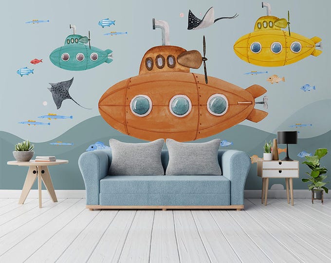 Submarine Underwater World Children's Room Wallpaper – Fun Cartoon Kids Room Wall Mural, Removable Wall Decor for a Playful Space