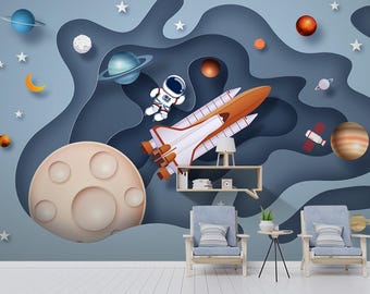 Astronaut Kids Room Wallpaper, Space Theme Kids Wall Mural, Rocket, Stars and Planets, Blue  Purple Cartoon Wall Decal Modern Boys Room Art