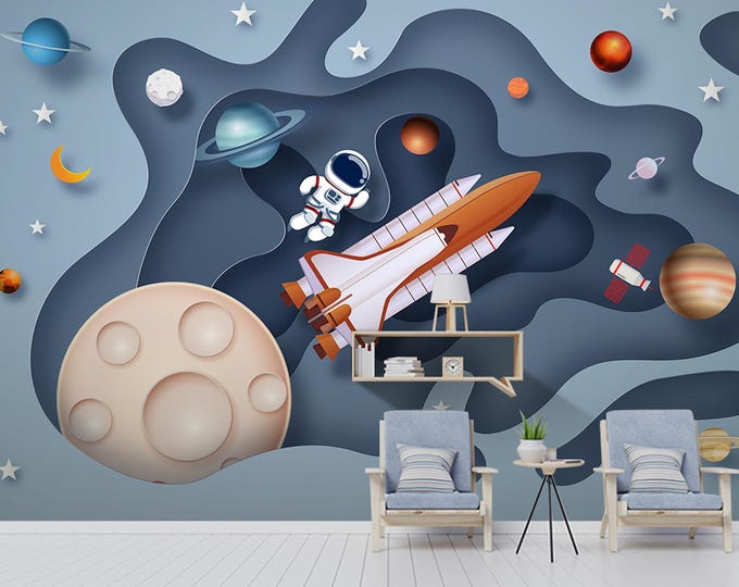 Astronaut Kids Room Wallpaper, Space Theme Kids Wall Mural, Rocket, Stars and Planets, Blue  Purple Cartoon Wall Decal Modern Boys Room Art