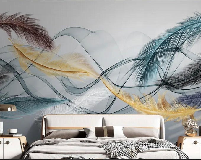 Feather Floral Wallpaper, Flower Wall Mural, Removable Wallpaper, Fabric Textile, Modern Home Decoration (FL1)