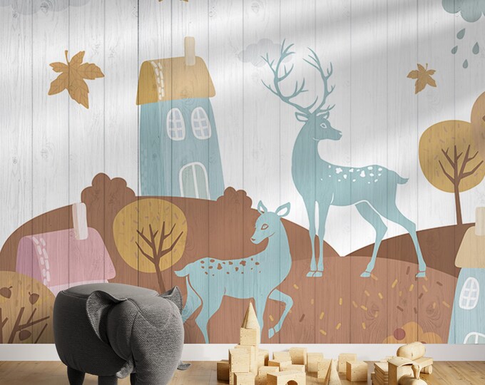 Elk Family Kids Room Wallpaper Small Village and Deers Wall Mural, Animal Peel and Stick Wallpaper for Living Room, Bedroom or Nursery Room