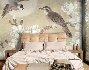 Large Custom Size Magnolia Flowers Wallpaper, Wall Mural For Bedroom, Beautiful Wedding Room Wallpaper with Birds, Floral Wall Mural