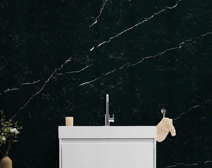 Dark Marble Wall Mural with White Veins – Bold Black Stone Look Peel Stick Wallpaper for Modern Living Rooms, Offices, Accent Feature Walls