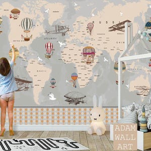 Carta da parati per cameretta, murale con mappa del mondo per bambini, carta da parati rimovibile, tessuto, decorazione moderna per la casa (CR31) immagine 3