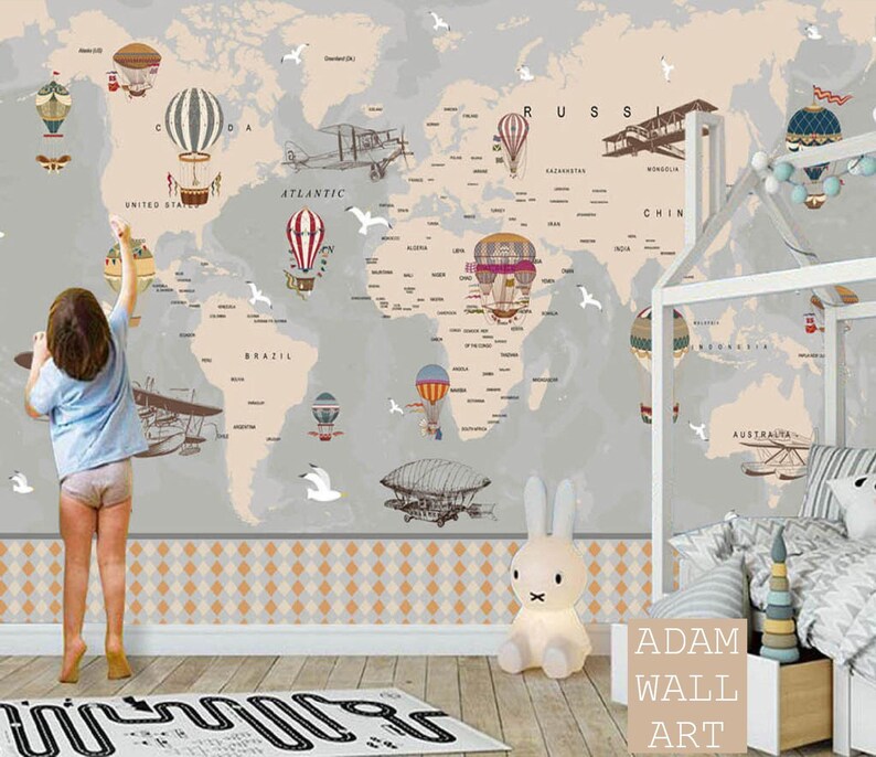 Carta da parati per cameretta, murale con mappa del mondo per bambini, carta da parati rimovibile, tessuto, decorazione moderna per la casa (CR31) immagine 3