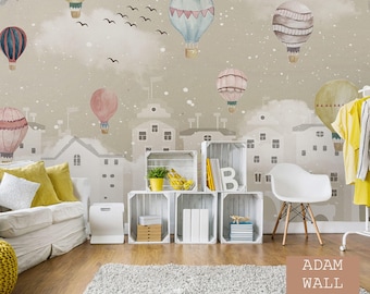Air Balloons And Cities Child Room Wallpaper  Pink Nursery Wall Mural  Girl Child and Baby Baby Room Decoration (CR71)