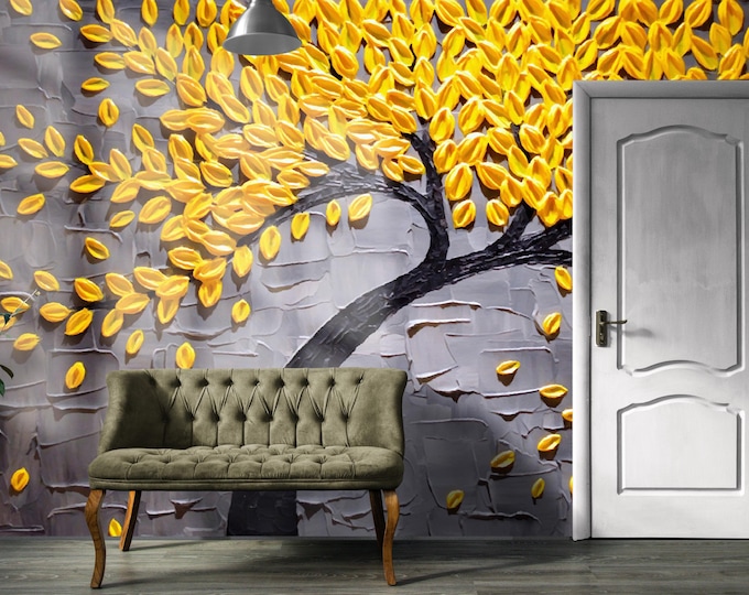 Golden Tree Wall Mural – Textured Yellow Leaf Peel and Stick Wallpaper for Living Room, Autumn Accent Art with Gray and Black Background