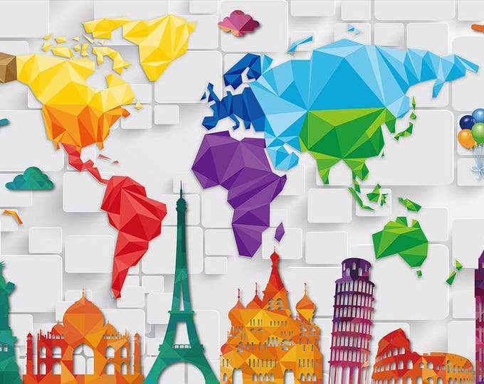 World Map Wallpaper Modern Wall Mural Home Decor For Living Room Bedroom Entryway Cafe – Colorful Geometric Abstract Travel-Inspired Art