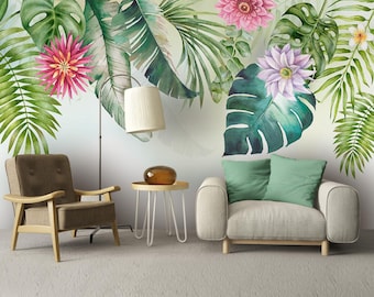 Tropical Floral Wall Mural – Watercolor Jungle Leaves & Flowers Wallpaper, Boho Botanical Peel and Stick Removable Decor, Living Room Art