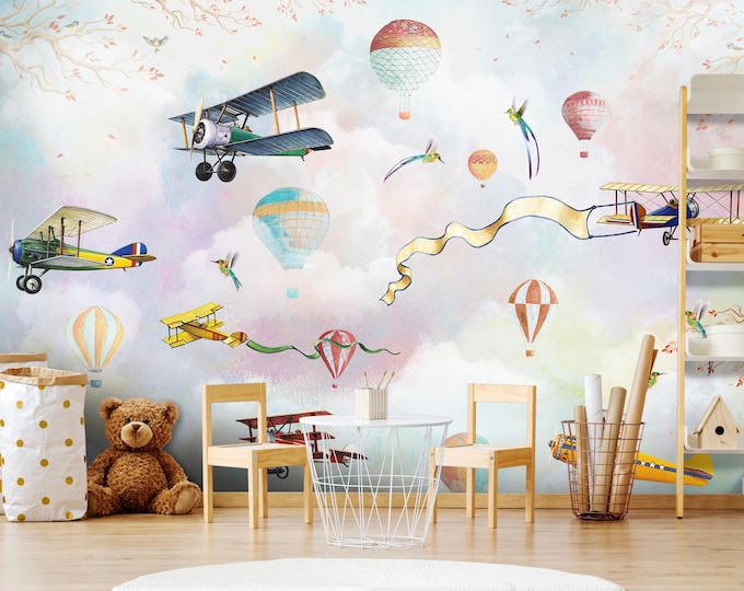 Custom Size Soft Pink and Blue Clouds Air Balloons Kids Room Wallpaper, Peel and Stick Nursery or Play Room Gift, Self Adhesive Wall Mural