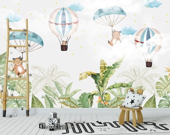 Flying Fox with Air Balloons Kids Room Wallpaper, Tropical  Wall Mural, Floral Nursery Room Decor, Blue Clouds, Sky and Animals Wall Decal