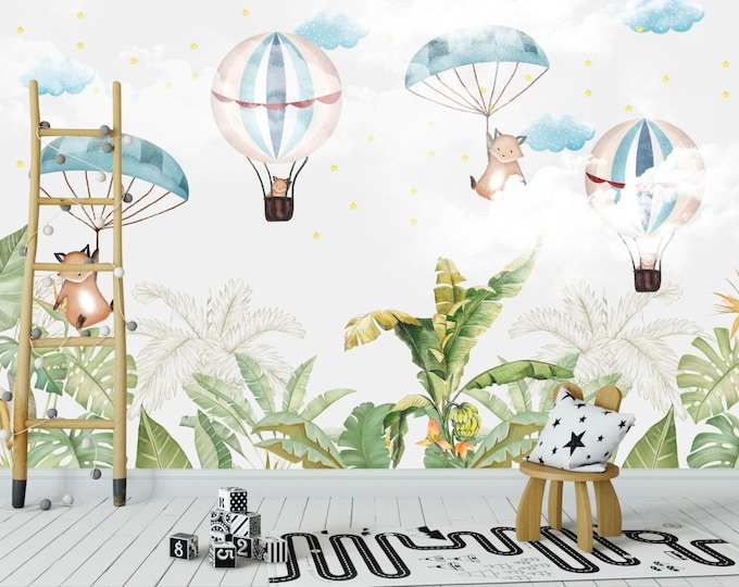 Flying Fox with Air Balloons Kids Room Wallpaper, Tropical  Wall Mural, Floral Nursery Room Decor, Blue Clouds, Sky and Animals Wall Decal